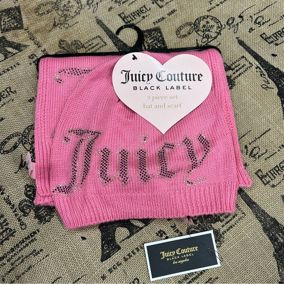 Juicy Couture NWT! Pink Gold Black 2 Piece Hat & Scarf Set - Picture 1 of 11